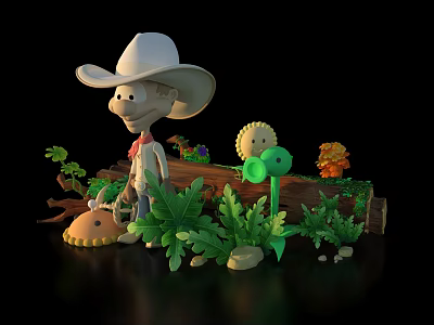Kids Play Area Featuring Cartoon Cowboy Character White Cowboy Hat Green Plants And Colorful Flowers 3d model