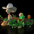 Kids Play Area Featuring Cartoon Cowboy Character White Cowboy Hat Green Plants And Colorful Flowers