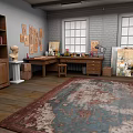 Art Studio Interior View With Bookshelf Sculpture Easel Rug and Window 3d model