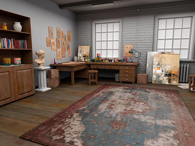 Art Studio Interior View With Bookshelf Sculpture Easel Rug and Window 3d model