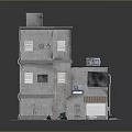 Two Story Gray Building Exterior With Adjacent Small Structure Garage And Windows