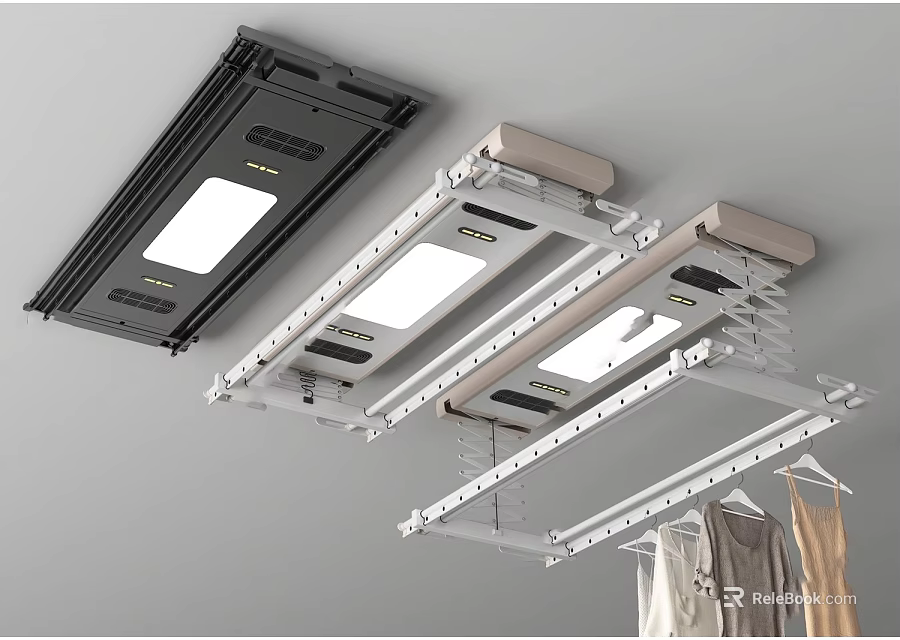 Ceiling Mounted Clothes Rack With LED Lights Retractable Design For Drying Clothes Indoors 3d model 