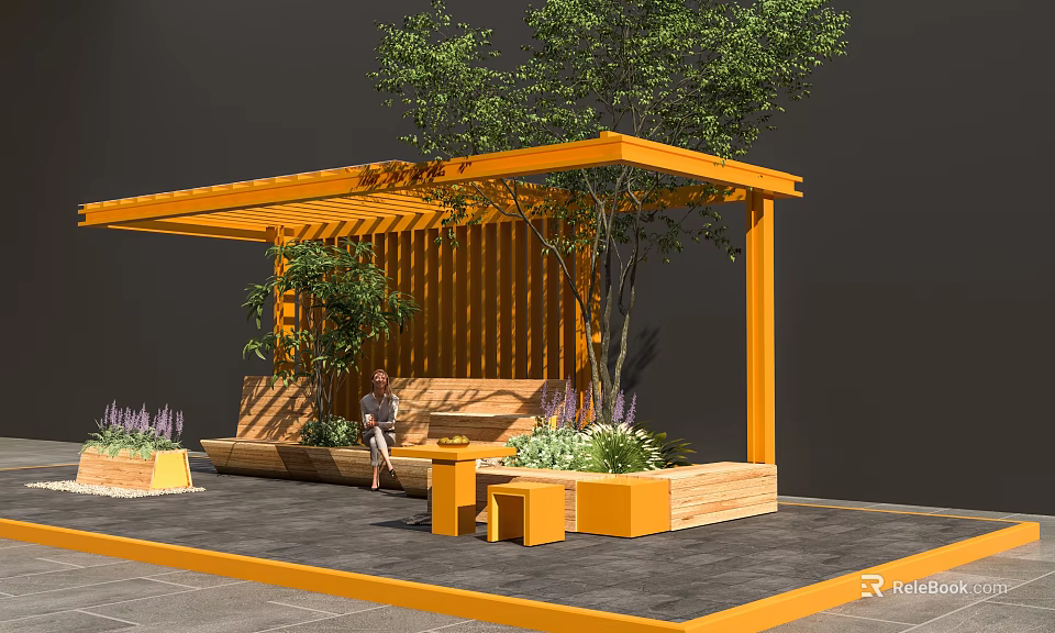 Orange Outdoor Pergola Design With Bench Tree Foliage Flowers And Stone Pavement 3d model 