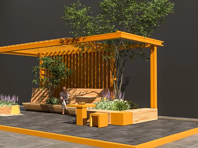 Orange Outdoor Pergola Design With Bench Tree Foliage Flowers And Stone Pavement 3d model