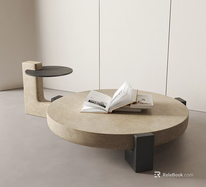 Modern Round Concrete Coffee Table with Black Legs Open Book and L Shaped Side Table 3d model
