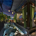 Traditional Chinese Style Garden Landscape With Cozy Lounge Seats Lush Green Plants And Warm Lighting