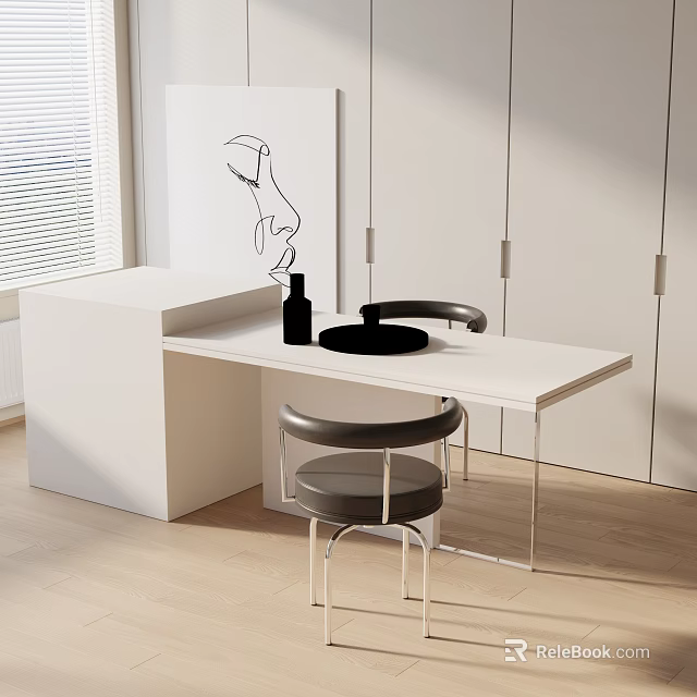 Modern Dining Table Set Interior With White Table Black Chairs And Cabinets 3d model