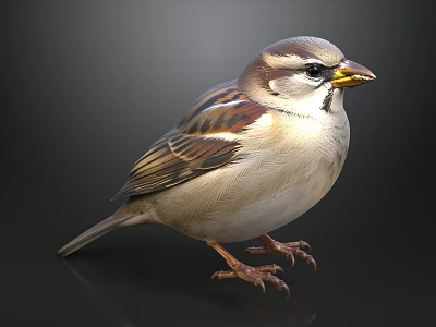 Realistic Sparrow With Brown And White Feathers Standing On Black Surface 3d model