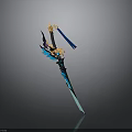 Ornate Fantasy Weapon Featuring Blue Glowing Blade Black Design And Orange Accents