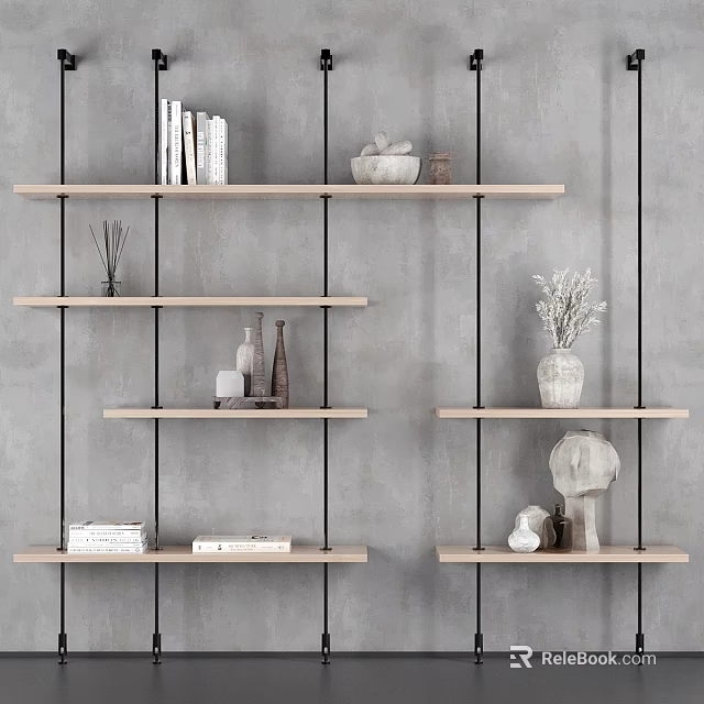 Modern Interior Wall with Floating Wooden Shelves Holding Books Decorative Vases and Sculptures 3d model 