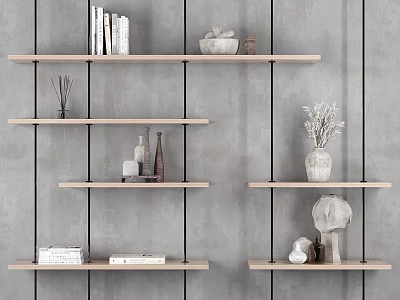 Modern Interior Wall with Floating Wooden Shelves Holding Books Decorative Vases and Sculptures 3d model