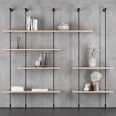 Modern Interior Wall with Floating Wooden Shelves Holding Books Decorative Vases and Sculptures 3d model