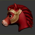 Red Horse Head Sculpture With Golden Armor And Ornate Design Details