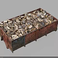 Rusty Metal Bin Filled With Stacked Firewood Logs And Wood Pieces