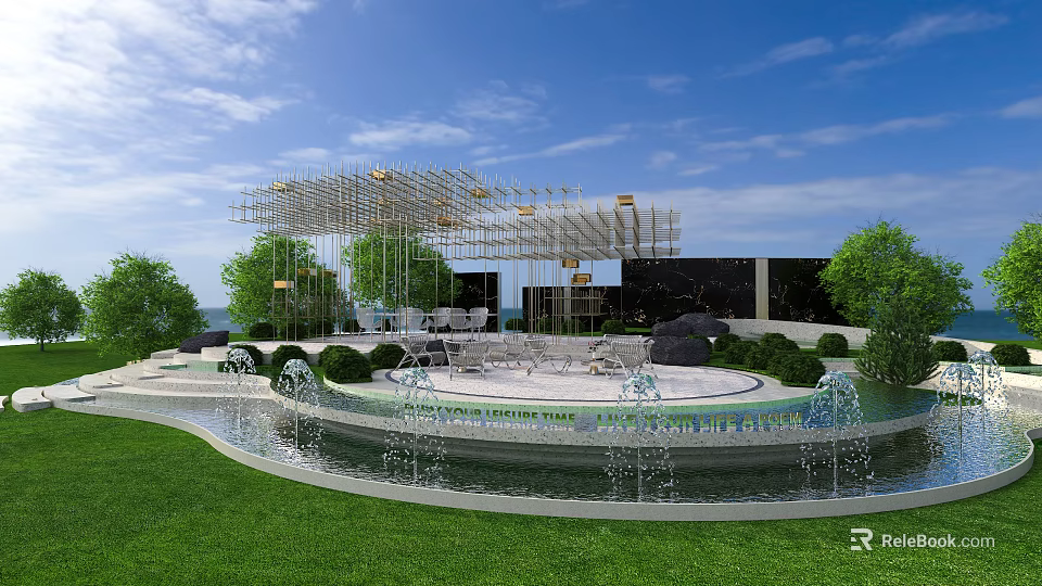 Garden Landscape Design With Circular Fountain Lush Lawn Metal Pergola And Water Features 3d model 