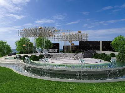 Garden Landscape Design With Circular Fountain Lush Lawn Metal Pergola And Water Features 3d model