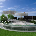 Garden Landscape Design With Circular Fountain Lush Lawn Metal Pergola And Water Features