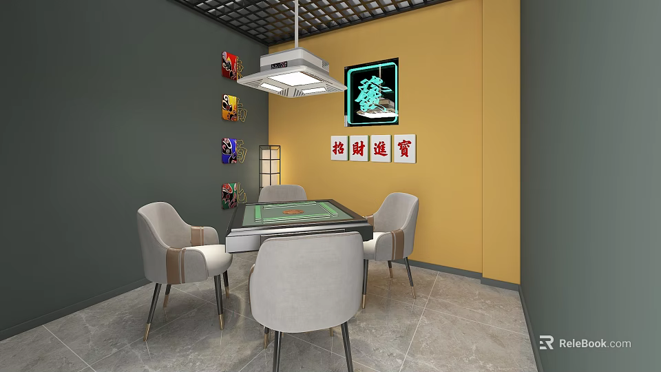 Elegant Hotel Mahjong Room With Mahjong Table Four Chairs Red Plaque And Ceiling Lamp 3d model