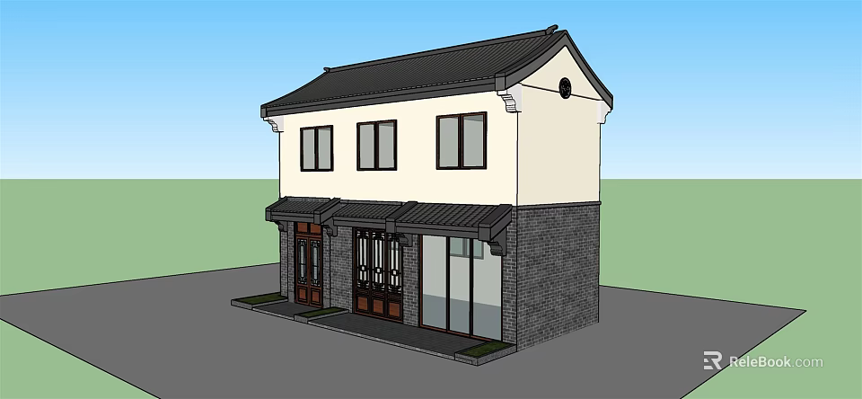 Traditional Chinese Detached Villa Featuring Black Roof White Walls and Wooden Doors 3d model 