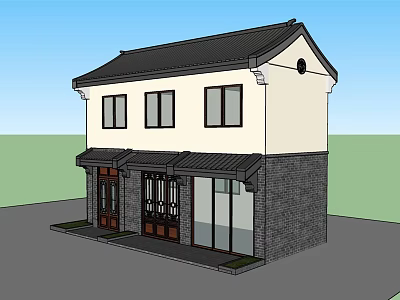 Traditional Chinese Detached Villa Featuring Black Roof White Walls and Wooden Doors 3d model