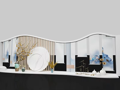 Curved Partition With Wooden Slats Circular White Decor And Potted Plants 3d model