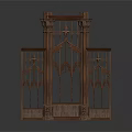 Gothic Architectural Decorative Element With Pointed Arches Intricate Carvings Dark Brown Symmetrical Structure