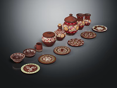 Hand Painted Brown Ceramic Plate Decorations With Intricate Floral Patterns And Matching Jars 3d model