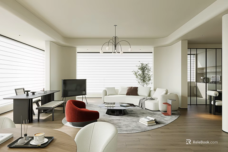 Modern Living Dining Room Interior With White Sofa Red Armchair Round Rug And Chandelier 3d model 
