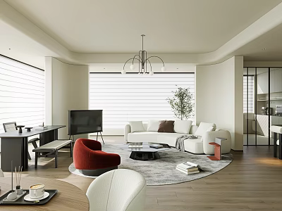 Modern Living Dining Room Interior With White Sofa Red Armchair Round Rug And Chandelier 3d model
