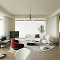 Modern Living Dining Room Interior With White Sofa Red Armchair Round Rug And Chandelier