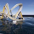 Modern Landscape Sculpture With White And Yellow Curved Shapes On Water Surface