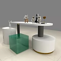 Modern White Display Shelf With Decorative Figurines And Transparent Cube Base 3d model