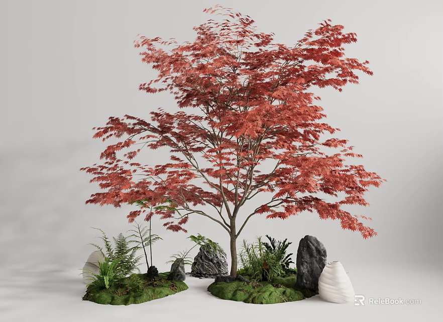 Charming Garden Ornament With Red Maple Tree Small Plants Stones And White Decorations 3d model 