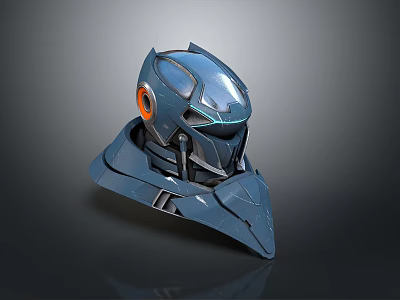 Futuristic Blue Mechanical Weapon Helmet Featuring Orange Component and Glowing Blue Lines Design 3d model
