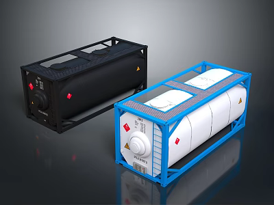 Black Industrial Equipment And Blue Framed White Cylindrical Storage Tanks With Safety Markings 3d model