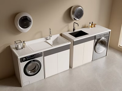 Modern Laundry Room With Washing Machines Sink White Cabinets And Circular Wall Fixtures 3d model