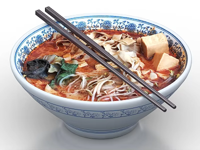 Delicious Ramen Bowl with Noodles Tofu Seaweed and Green Vegetables in Blue White Patterned Bowl 3d model