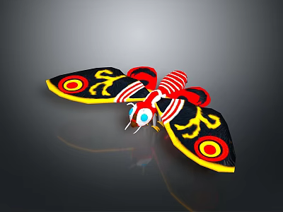Vibrant Character Moth Creature With Red Striped Body And Yellow Eye Patterned Wings 3d model