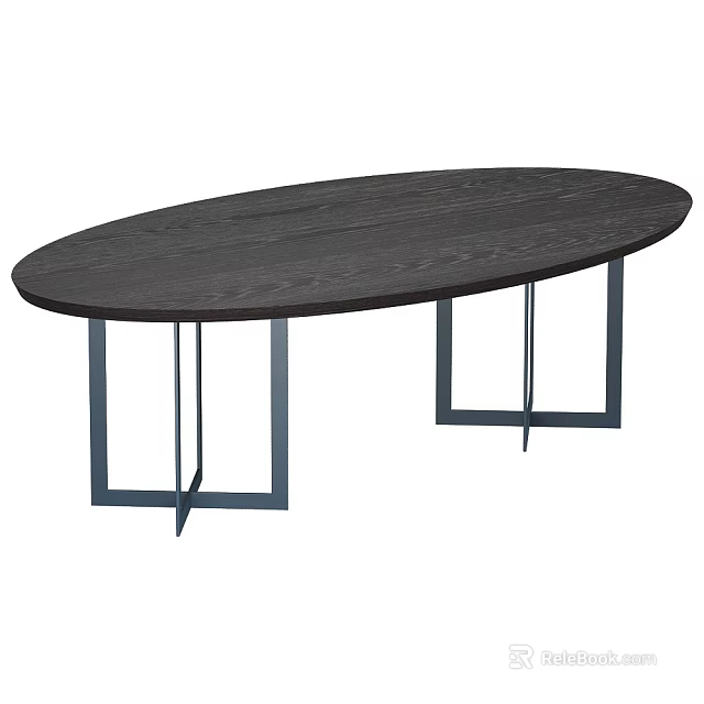 Oval Dark Wooden Coffee Table With Metal Geometric Legs And Modern Design 3d model 