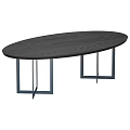 Oval Dark Wooden Coffee Table With Metal Geometric Legs And Modern Design
