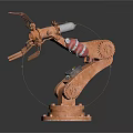 Copper Colored Industrial Robot Arm With Mechanical Gripper And Grid Platform Base