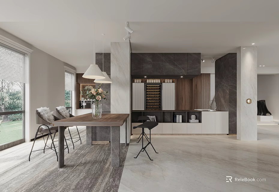 Modern Restaurant Interior With Open Layout Dining Table Chairs And Hanging Lights Decoration 3d model