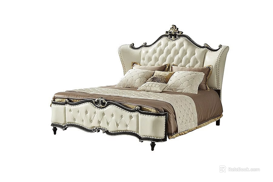 Ornate Upholstered Double Bed With Carved White Gold Headboard And Decorative Pillows 3d model 