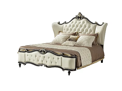 Ornate Upholstered Double Bed With Carved White Gold Headboard And Decorative Pillows 3d model