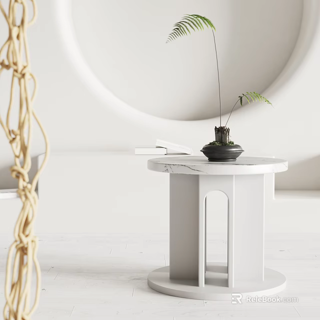 Modern White Side Table With Marble Top And Decorative Potted Plant Design 3d model 