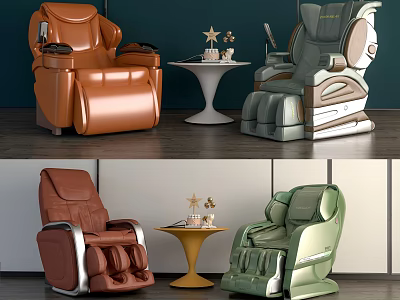Leather Massage Chairs In Brown Green Gray With Round Side Tables And Decorative Ornaments 3d model