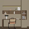 Modern Study Desk With Wooden Shelf Books Table Lamp And Rattan Chair
