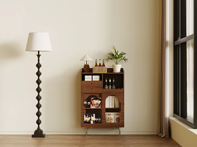 Wooden Entryway Side Cabinet With Decorative Plant Floor Lamp And Open Shelves 3d model