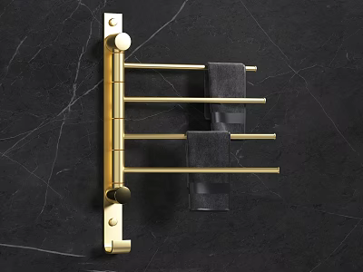 Golden Bathroom Towel Rack Mounted on Black Marble Wall With Multiple Bars and Hanging Towels 3d model