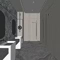 Modern Public Restroom Design With Marble Floor Wooden Walls Mirrors And Washbasins